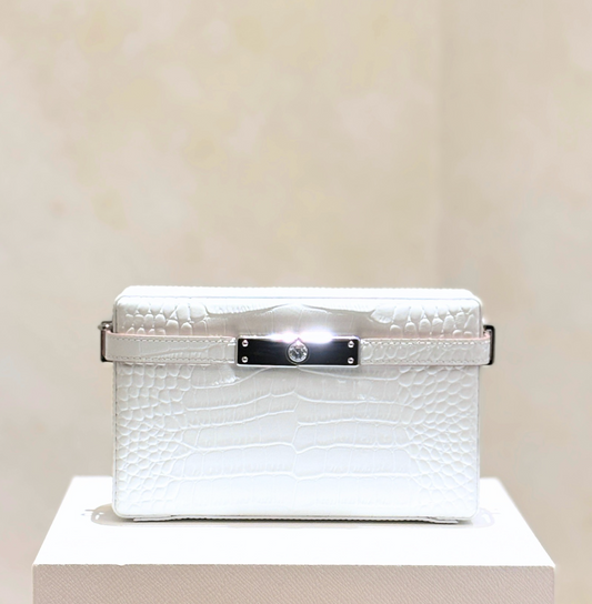 White Faux Crocodile Leather Clutch