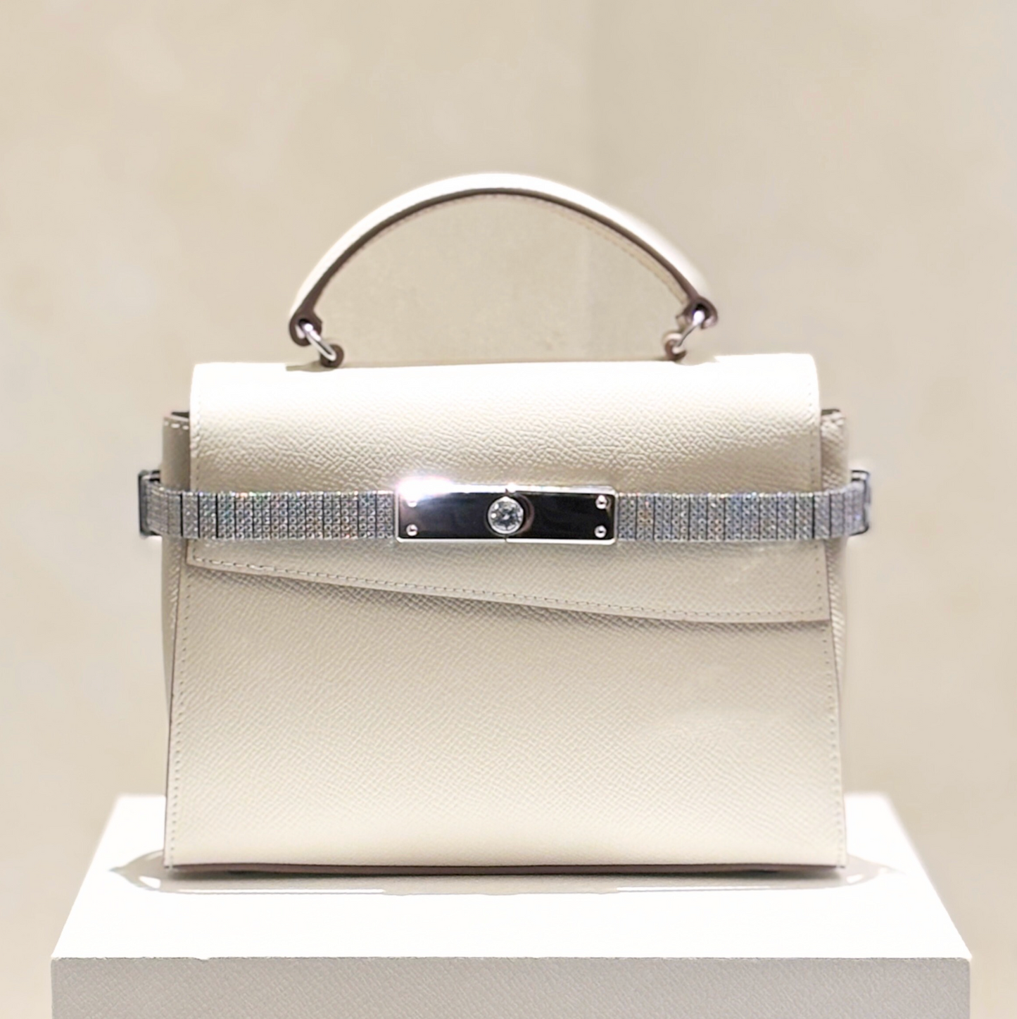 Cream Top Handle Diamanté Leather Bag