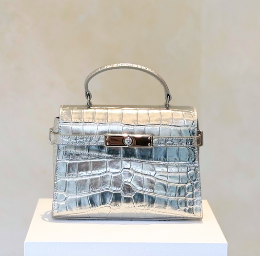 Silver Metallic Top Handle Leather Bag