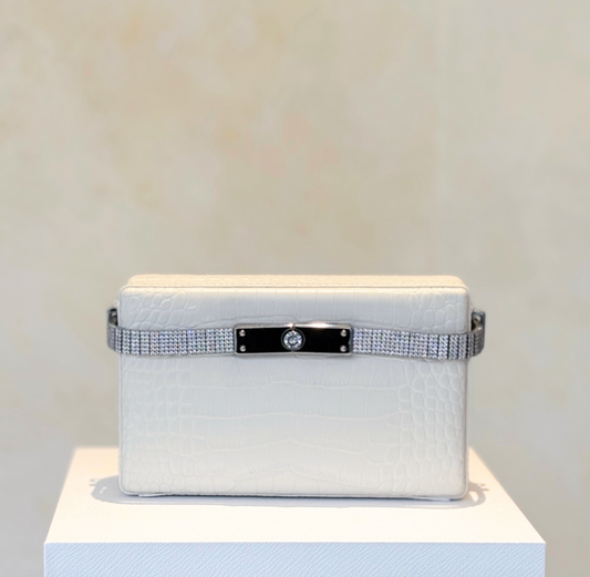 White Crocodile Leather Diamanté Clutch