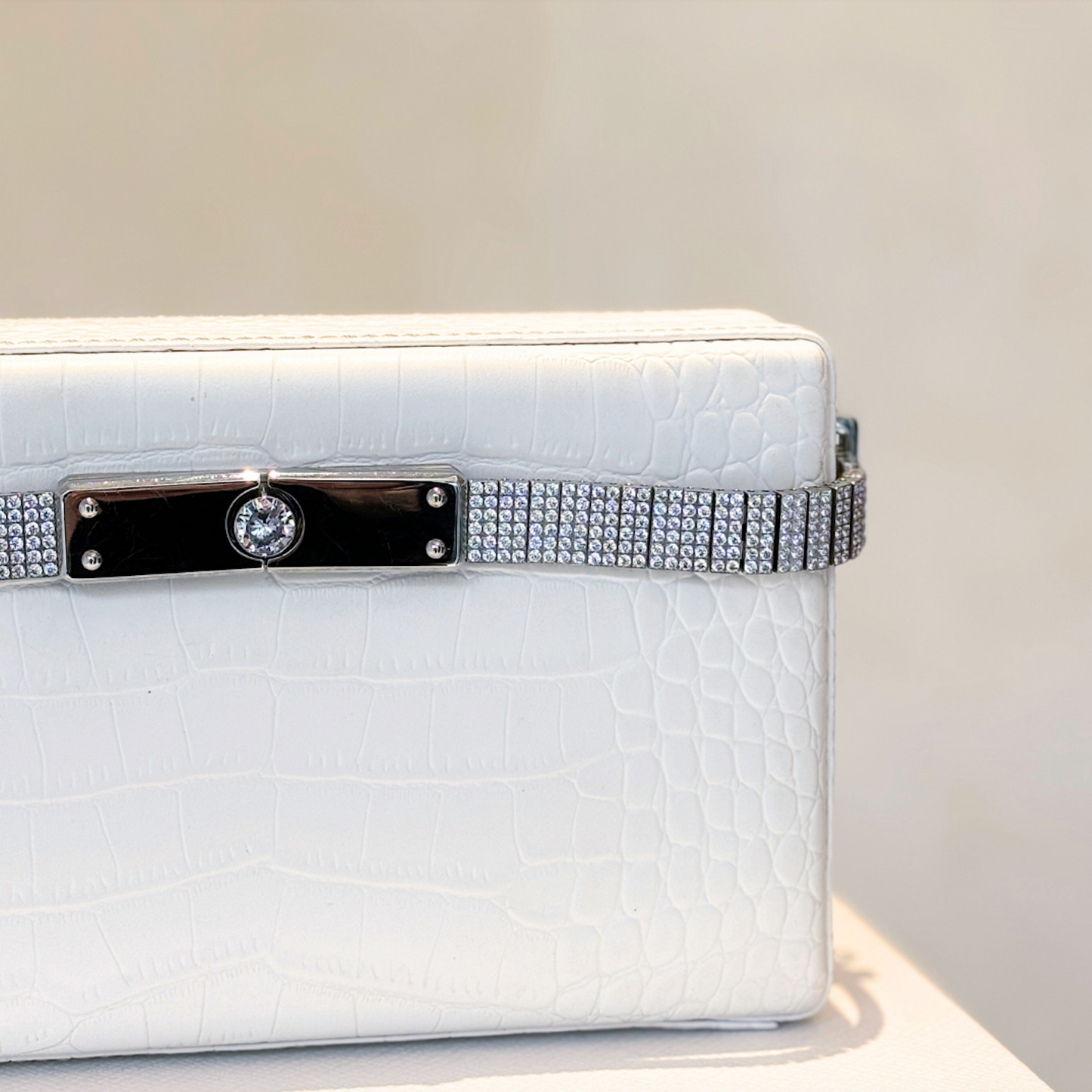 White Crocodile Leather Diamanté Clutch