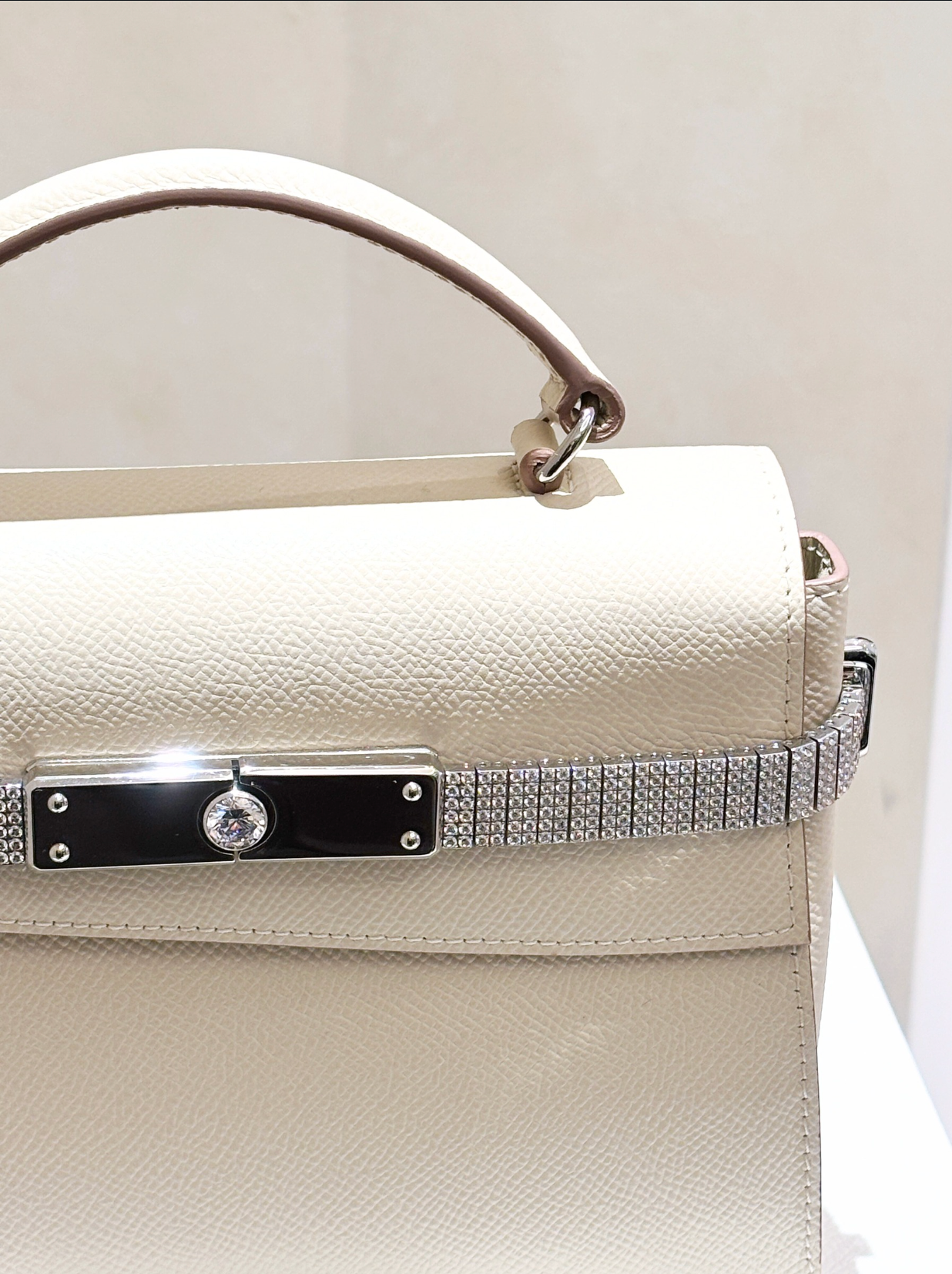 Cream Top Handle Diamanté Leather Bag